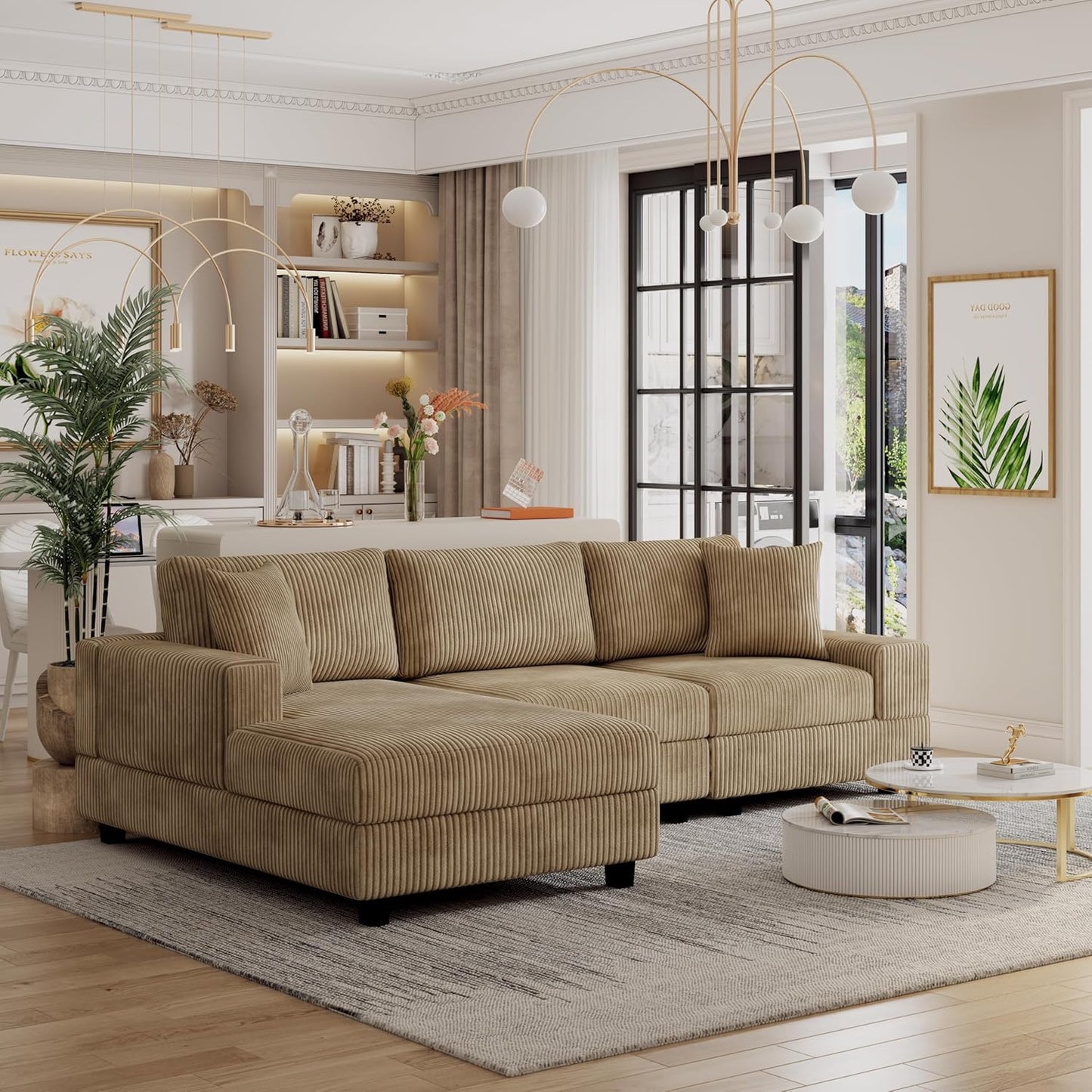 Eafurn Convertible L Shaped Modular Sectional Sofa Couch, 5 Seater Corduroy Upholstered Corner Sofa Lounge Couch with Extra Wide Reversible Chaise Lounge and Headrest for Living Room