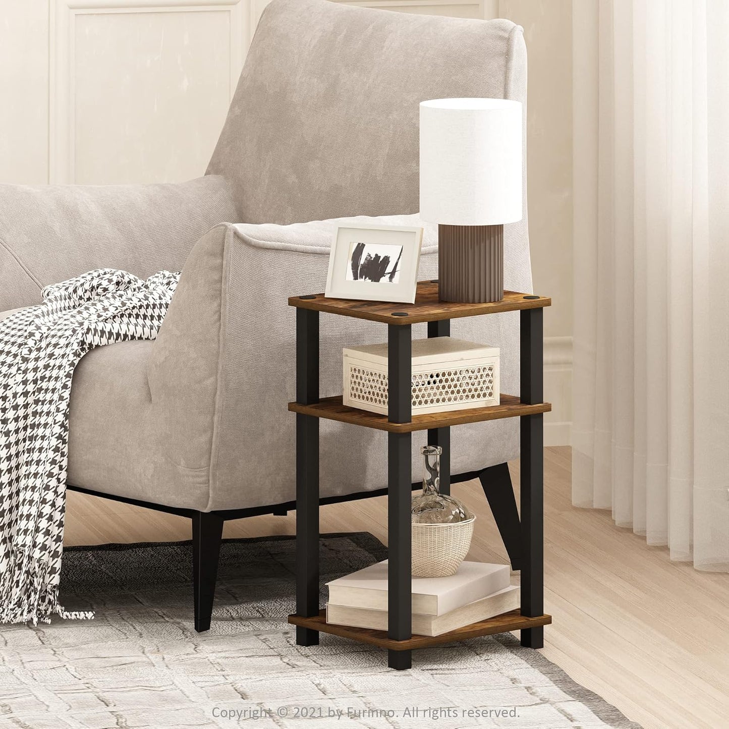 Furinno Just 3-Tier Turn-N-Tube End Table/Night Stand/Bedside Table, 1-Pack, Amber Pine/Black
