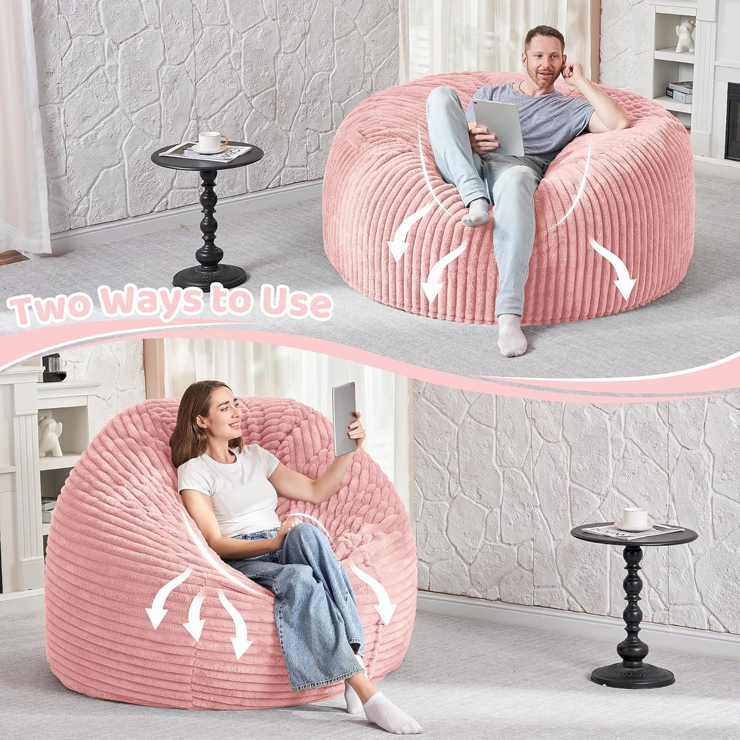 HABUTWAY 5FT Bean Bag Chair, 5' Large Bean Bag Chairs for Adults with Removable Stripe Plush Cover, Memory Foam Beanbag Chair for Living Room Bedroom Dorm (Tender Pink)