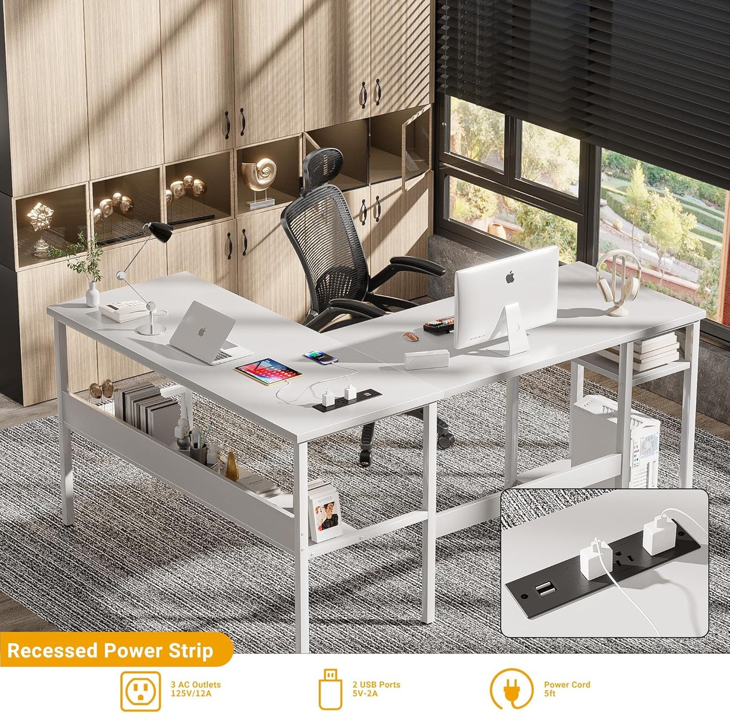 Unikito Reversible L Shaped Computer Desk with Magic Power Outlets and USB Charging Ports, Sturdy Corner Desk with Storage Shelves, Durable Work Desk for Home Office, Easy to Assemble, White