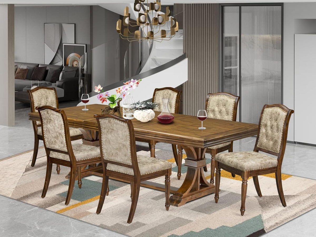 NEMA7-AWA-36 7 Pieces Dining Room Set Includes a Rectangular Dining Table and 6 Light Beige Polyester Fabric Kitchen Chairs, Antique Walnut Finish