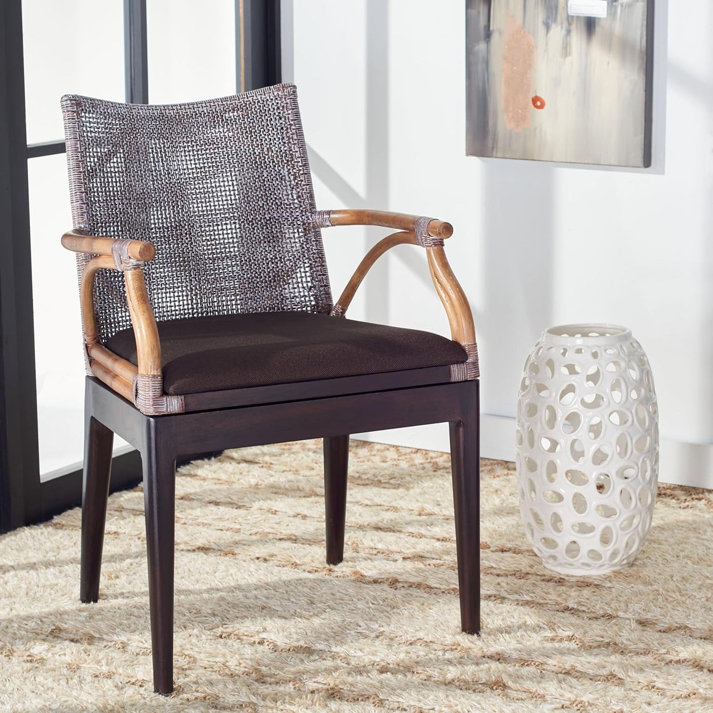 SAFAVIEH Home Collection Gianni Tropical Coastal Brown White Wash Solid Wood Arm Chair