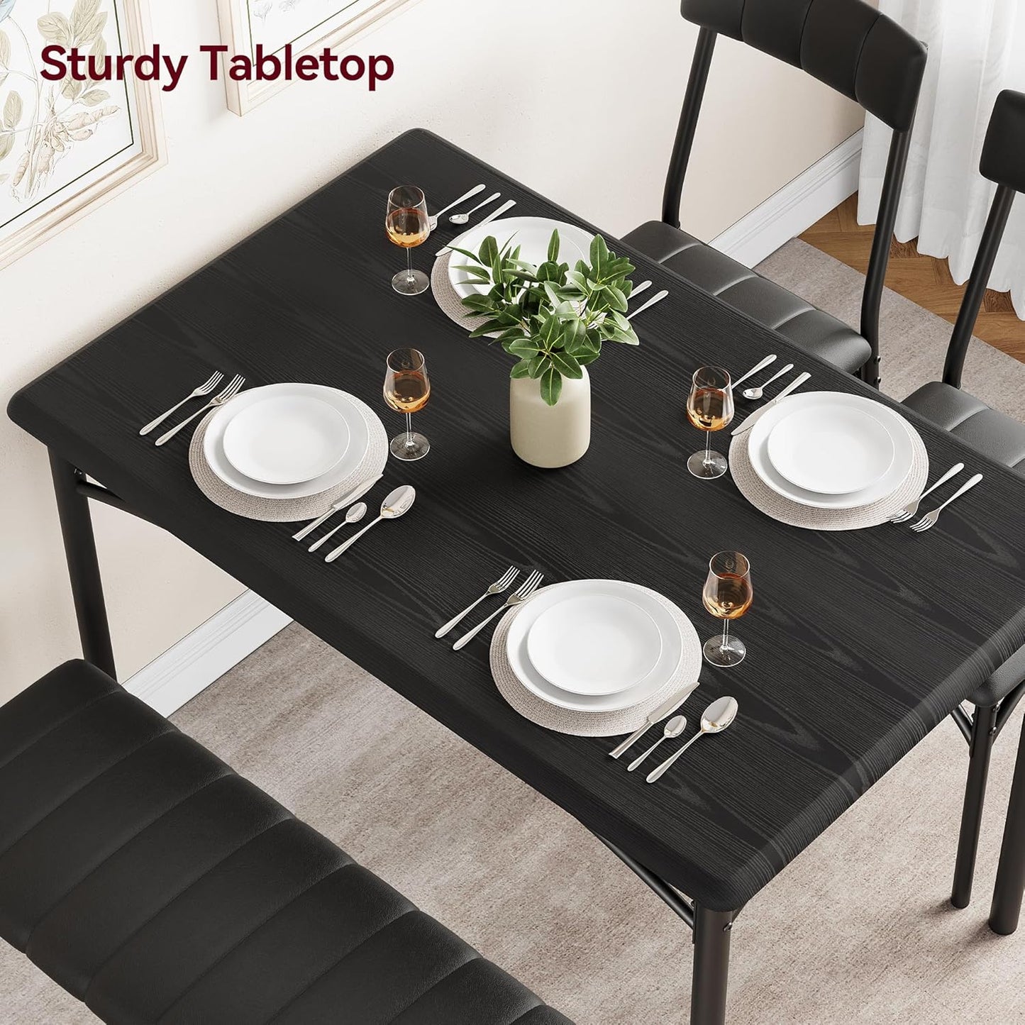 GAOMON Dining Table Set for 4 with Upholstered Bench and 2 Chairs, Rectangular Dining Room Table Set for 4 for Small Space, Apartment, Dinner, Rustic Black