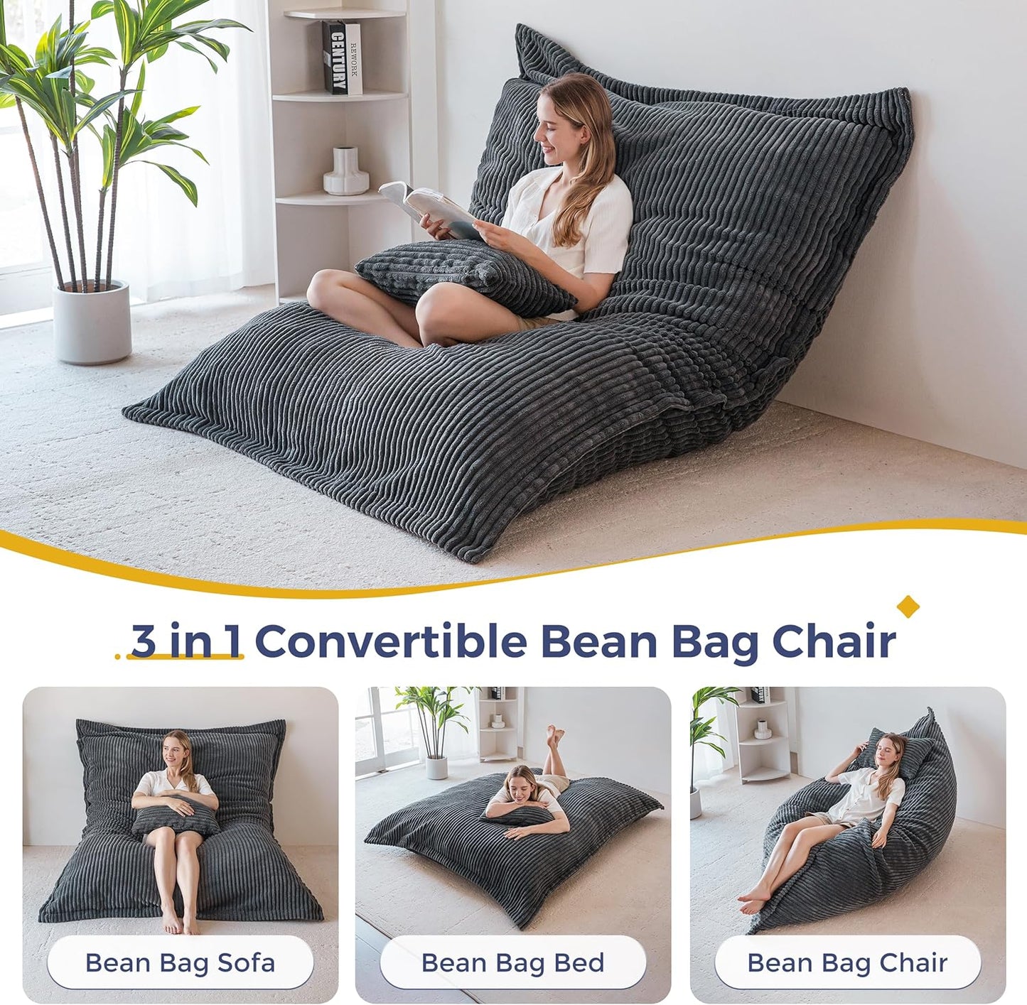 MAXYOYO Giant Bean Bag Chair with Pillow, 3 in 1 Convertible Bean Bag Chair for Adults with Washable Cover, Removable Floor Cushion Stuffed Floor Lounger for Living Room Bedroom, Dark Grey, Full
