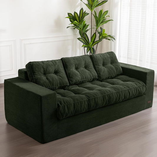 MAXYOYO 3 Seater Couch for Living Room, Boneless Couch with Tufted Cushion & Backrest, Upholstered Floor Sofa with Armrests, Sofa in A Box, No Assembly Required, Green