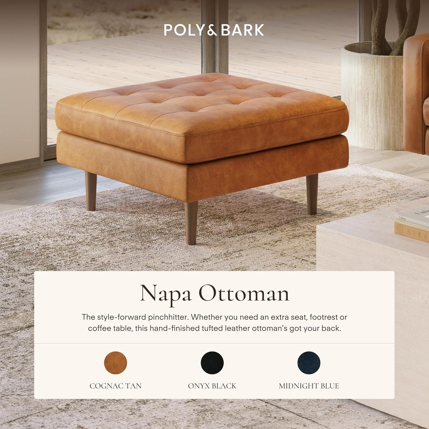 POLY & BARK Napa Ottoman - Full-Grain Leather Upholstered Ottoman with Feather-Down Topper - Couch for Living Room - Vintage Italian Leather in Cognac Tan