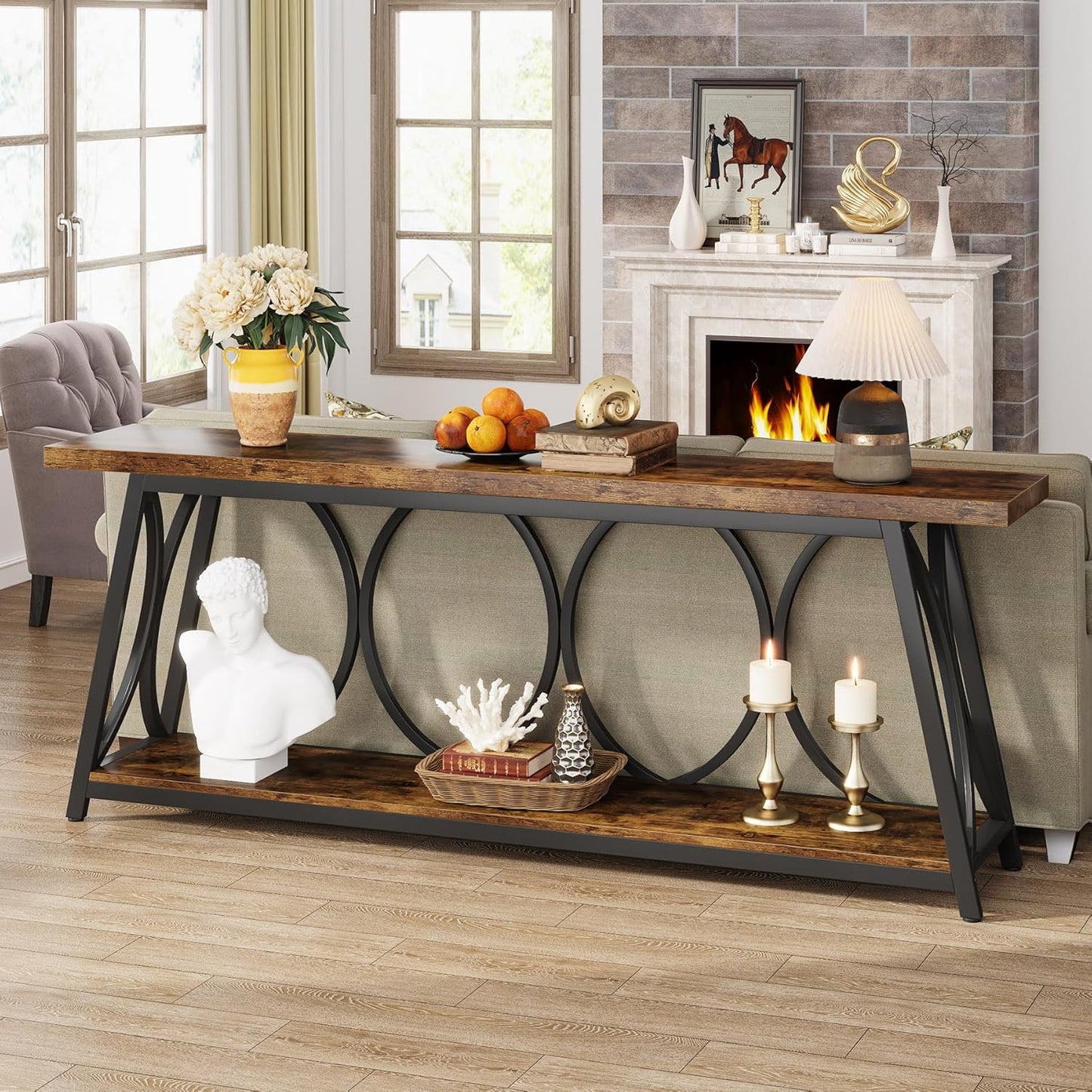Tribesigns 70.9 inch Extra Long Console Table, Industrial Sofa Table Behind Couch with 2 Tier Storage Shelf, Narrow Entryway Hallway Accent Table for Living Room, Rustic Brown