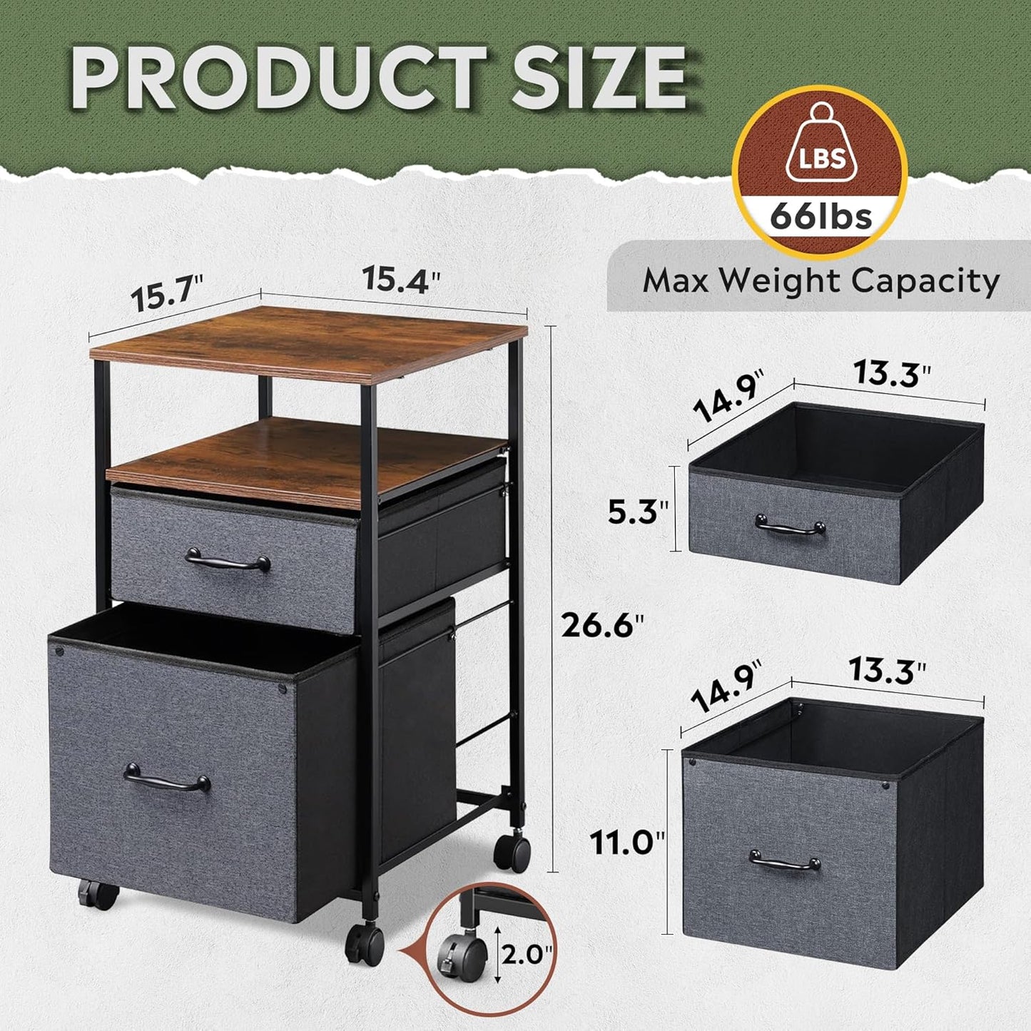 DEVAISE 2 Drawer Mobile File Cabinet, Rolling Printer Stand with Open Storage Shelf, Fabric Vertical Filing Cabinet fits A4 or Letter Size for Home Office, Rustic Brown