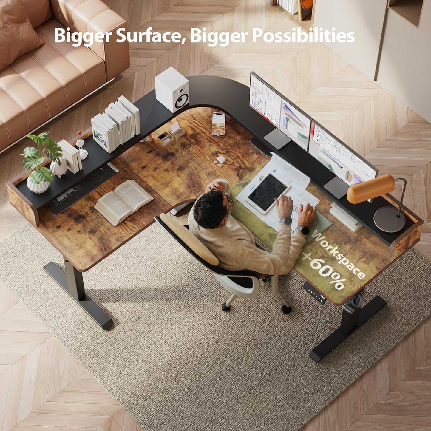 Agilestic L Shaped Standing Desk, Corner Desk with Monitor Shelf, Adjustable Height Gaming Table, Sit Stand Up Table, 63 x 55 Inch Home Office Computer Workstation, Splice Board, Rustic Brown