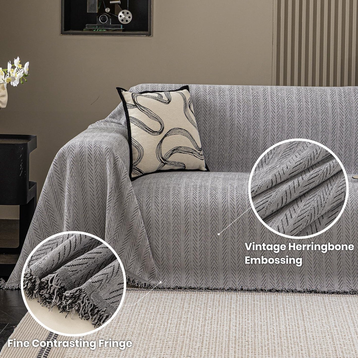 Nobildonna Sofa Cover Washable Soft Thicken Chenille Couch Cover with Tassel,Waterproof Sofa Slipcover for 3-4 Cushion Couch,Sectional Sofa,L-Shaped Furniture Protector Pet-Friendly,Gray 71"x150"