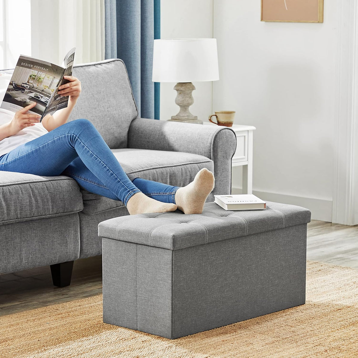 SONGMICS MAZIE Collection - 30 Inches Ottoman Storage Bench, 21 Gal. Folding Chest with Breathable Linen-Look Fabric, Load up to 660 lb, for Entryway, Living Room, Bedroom, Light Gray ULSF001G02