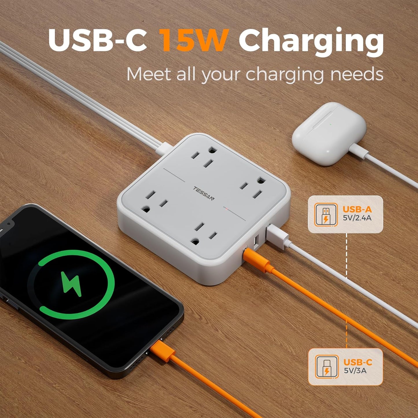 TESSAN Surge Protector Flat Extension Cord 5Ft, Flat Plug Power Strip with 4 Outlets 3 USB Ports (1 USB C), 900 Joules Protection, Multiple Wall Outlet Extender Suitable for Home Office Dorm, Grey