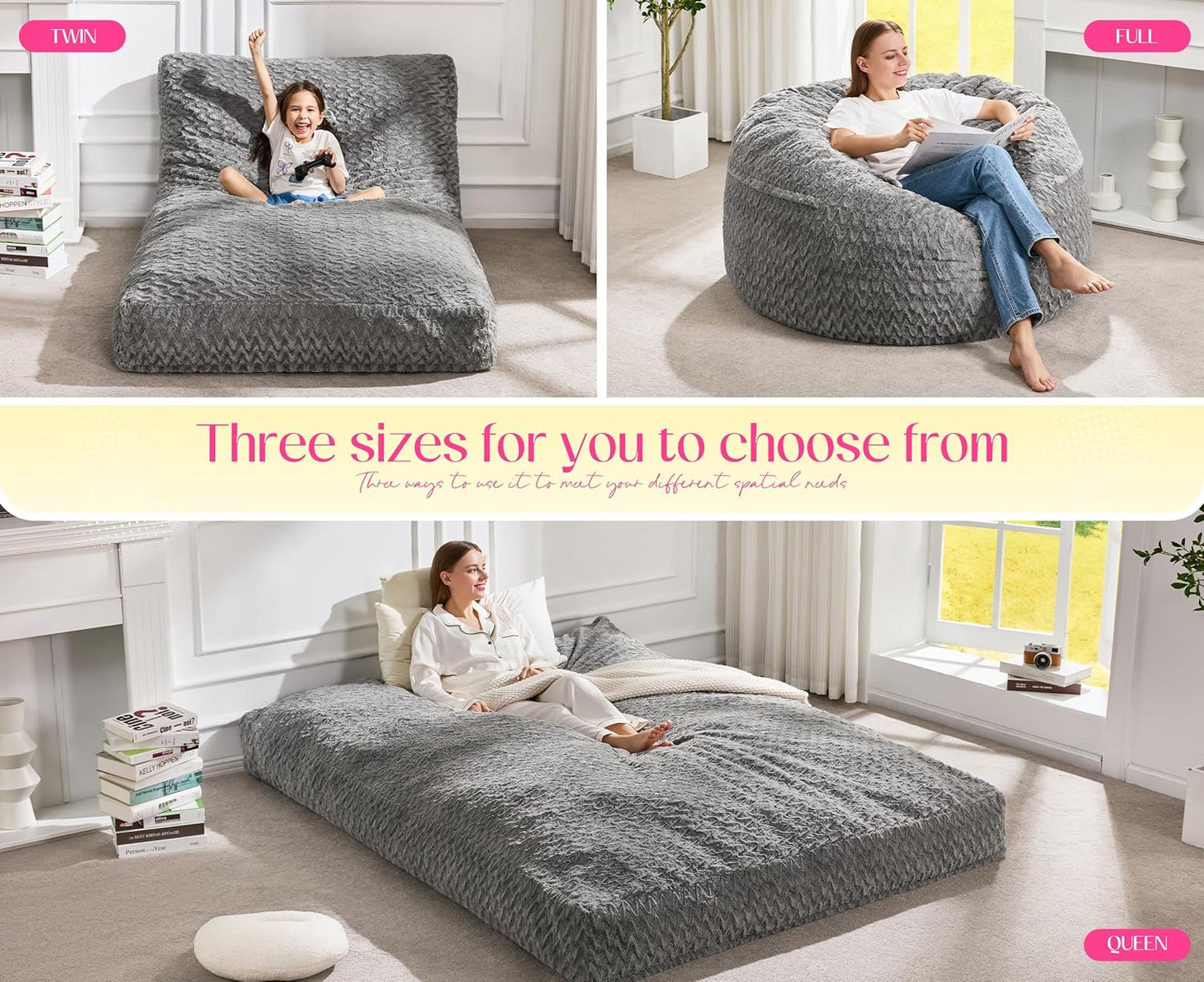 Hobestluk Bean Bag Chair Convertible Beanbag Chairs for Adults, 3 in 1 Bean Bags with Plush Chevron Cover, Adult Bean Bag Chair for Living Room, Bedroom (Grey, Full)