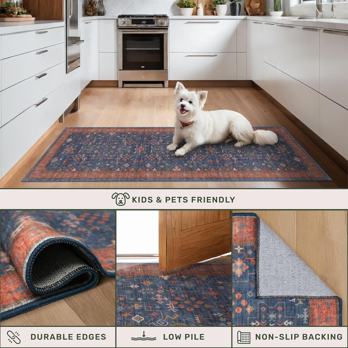 Washable 12 ft Long Runner for Kitchen Floor - Navy Blue Hallway Runner Rug, Pet Friendly Waterproof Non Slip with Rubber Backing, Stain Resistant Laundry Room Rug (3x12 Navy Blue & Terracotta)
