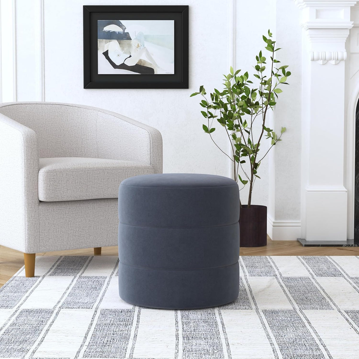HomePop Upholstered Round Ottoman (No Lid, Seat Only) Home Décor | Round Pouf Foot Rest – Steel Blue Velvet