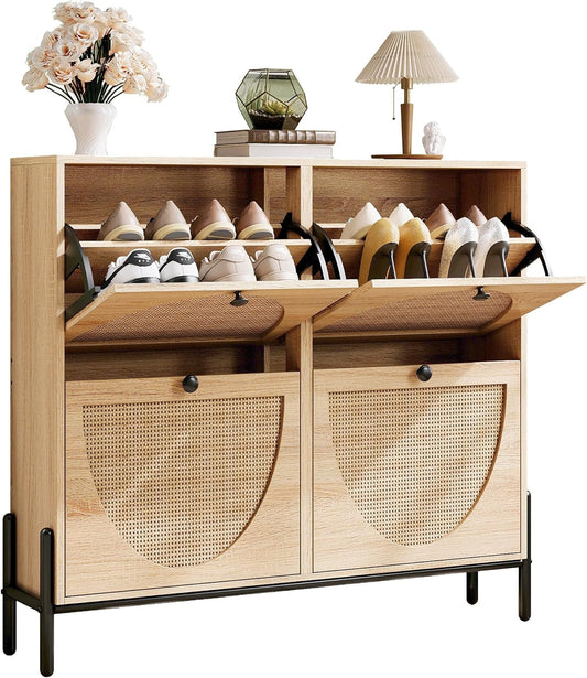 IRONCK Rattan Shoe Cabinet Storage with 4 Flip Drawers, Freestanding Shoe Storage Organizer Cabinet for Entryway, Narrow Shoe Rack Cabinet, Oak