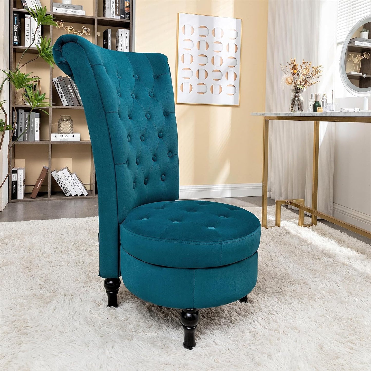 Container Furniture Royal High-Back Velvet Accent Chair for Vanity with Storage and Luxurious Upholstery, Retro Design and Versatile Usage for Livingroom, Bedroom, Lounge and Office, Greenish Blue