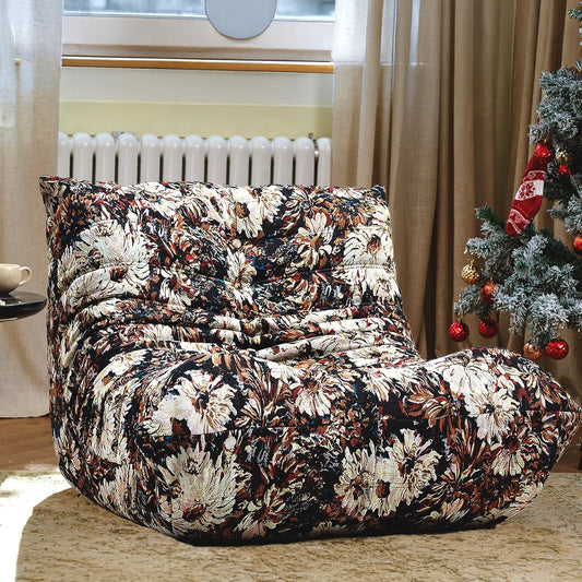 CXC Fireside Chair, Gaming Chair Floor, Large Bean Bag Chairs for Adults, Memory Sponge Lazy Sofa, Ergonomic Design Comfy Couch for Living Room丨 Bedroom丨 Office丨(Happy Flower-Brown, Linen)