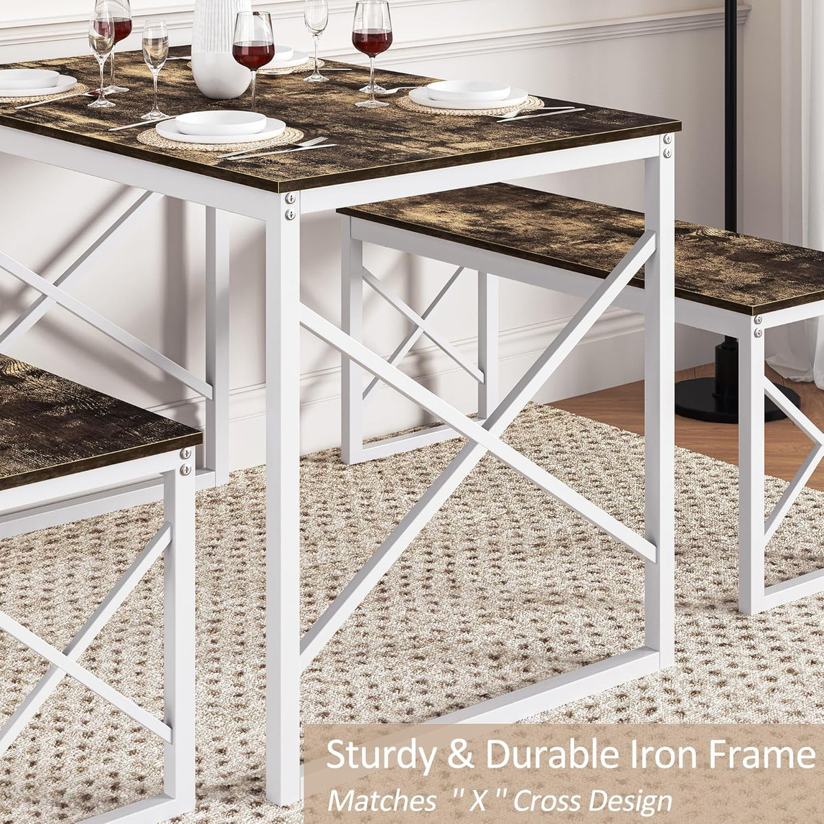 VECELO Kitchen Table with 2 Benches for 4, 43.3'' Wood Dining Room Dinette Sets with Metal Frame for Breakfast Nook and Small Space, Dark Brown