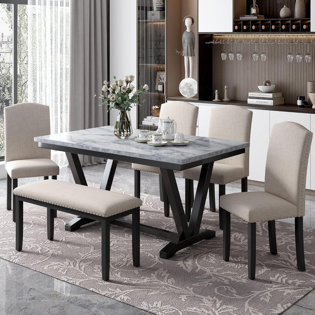6 Pieces Dining Table Set with 60" Rectangle Marbled Veneers Tabletop Kitchen Desk,Living Room Furniture W/ 4 Chairs & 1 Bench,for Restaurant,Home Bistro,White