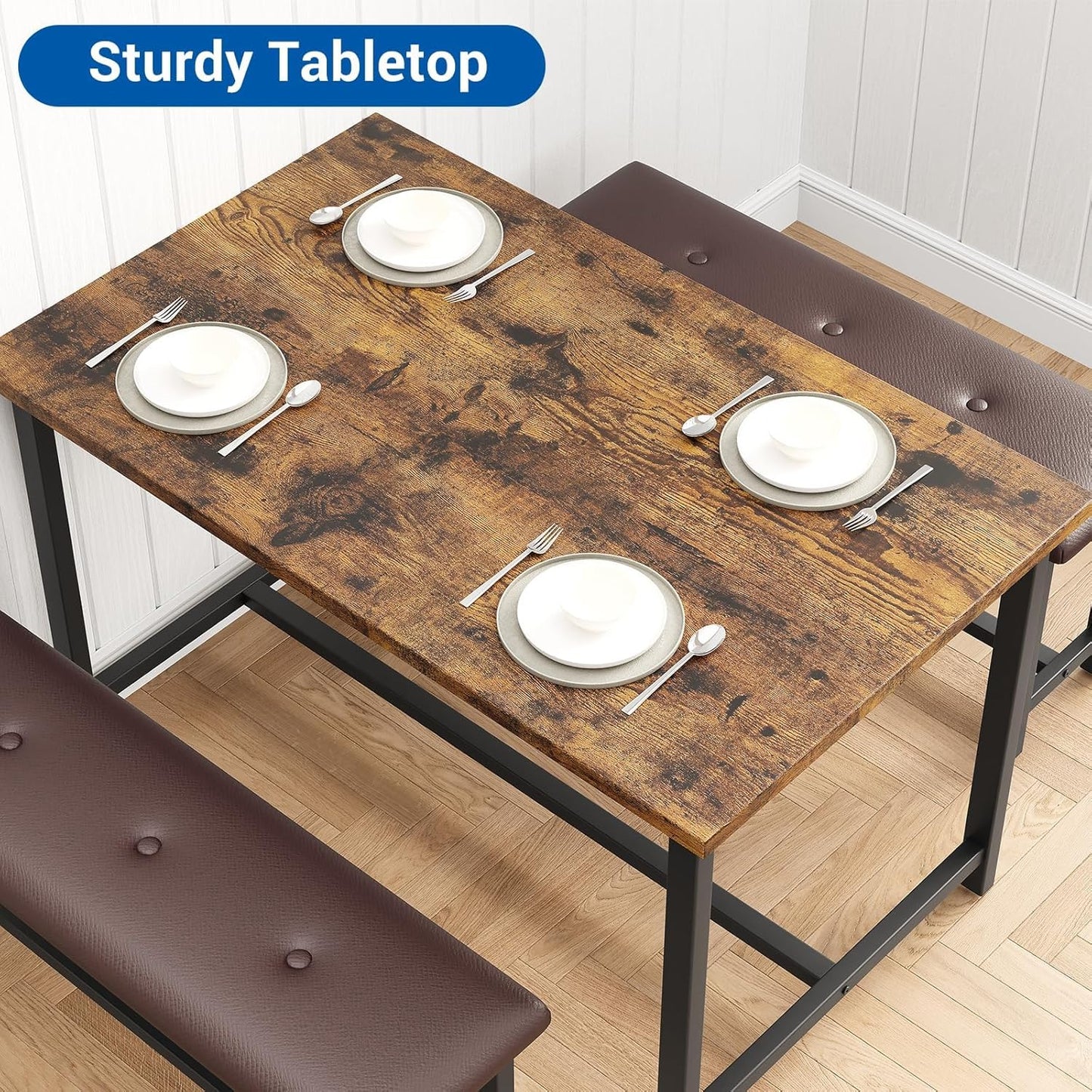 Garvee Dining Table with 2 Benches, Kitchen Table with 2 Upholstered Benches Rectangular Space Saving for Apartment, Dining Room, Kitchen, 44.5 Inches Large, Rustic Brown