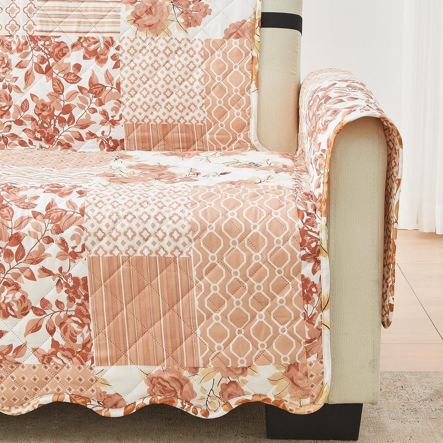 Reversible Patchwork Recliner Chair Cover - Washable Slipcover Furniture Protector with Elastic Straps - Couch Cover for Dogs, Kids, and Pets - Box-Stitched Detail (Recliner, Dusty Rose)