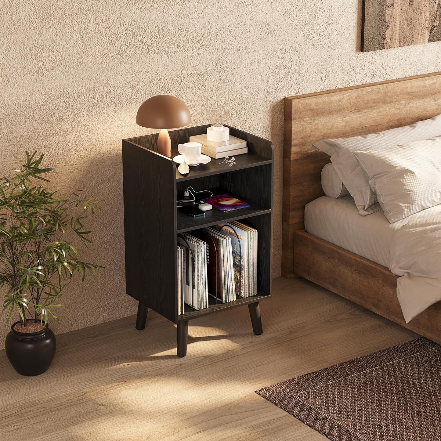 Record Player Stand, Turntable Stand with Record Storage and Charging Station & USB Ports, Record Player Table with Metal Divider, Record Stand Up to 120 Albums for Living Room, Bedroom Black