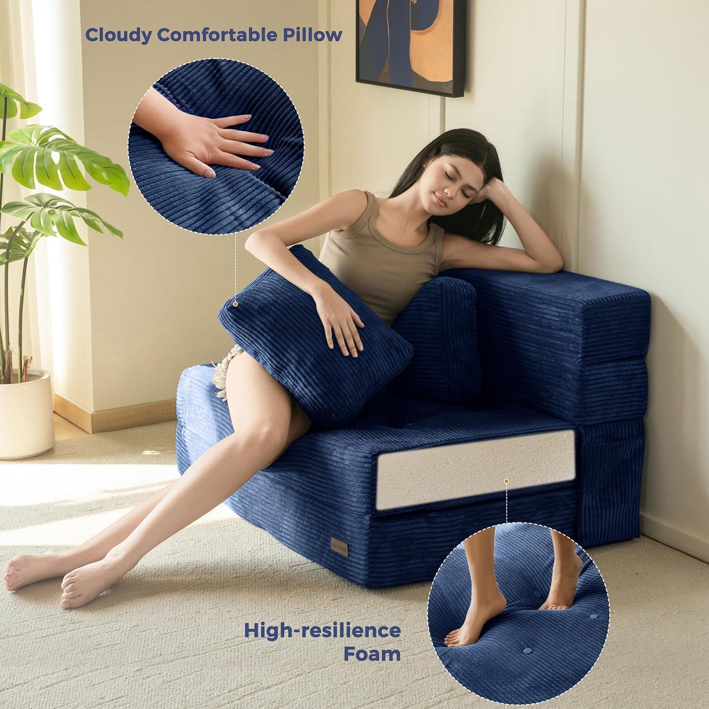 MAXYOYO Convertible Sofa Bed, Fold Out Loveseat Sleeper Sofa with Pillow, 4 in 1 Tufted Folding Couch Bed Foam Floor Couch, Lazy Chair for Living Room Bedroom Guest Room, Navy