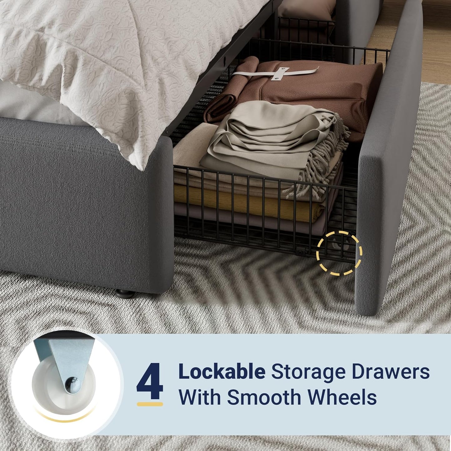 Allewie Modern King Size Platform Bed Frame with 4 Storage Drawers and Velvet Upholstered Headboard, Wooden Slats Support, Upholstered Mattress Foundation/No Box Spring Needed/Easy Assembly, Grey