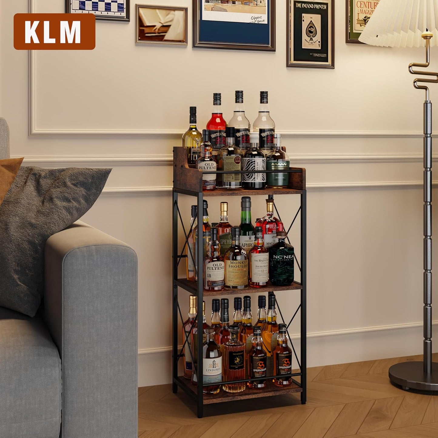 KLM Liquor Bottle Display Shelf, Coffee Syrup Rack Organizer, 3 Step Countertop Wine Rack, Mini Bar, Retro Bar Shelf Stand for Whiskey, Spirits