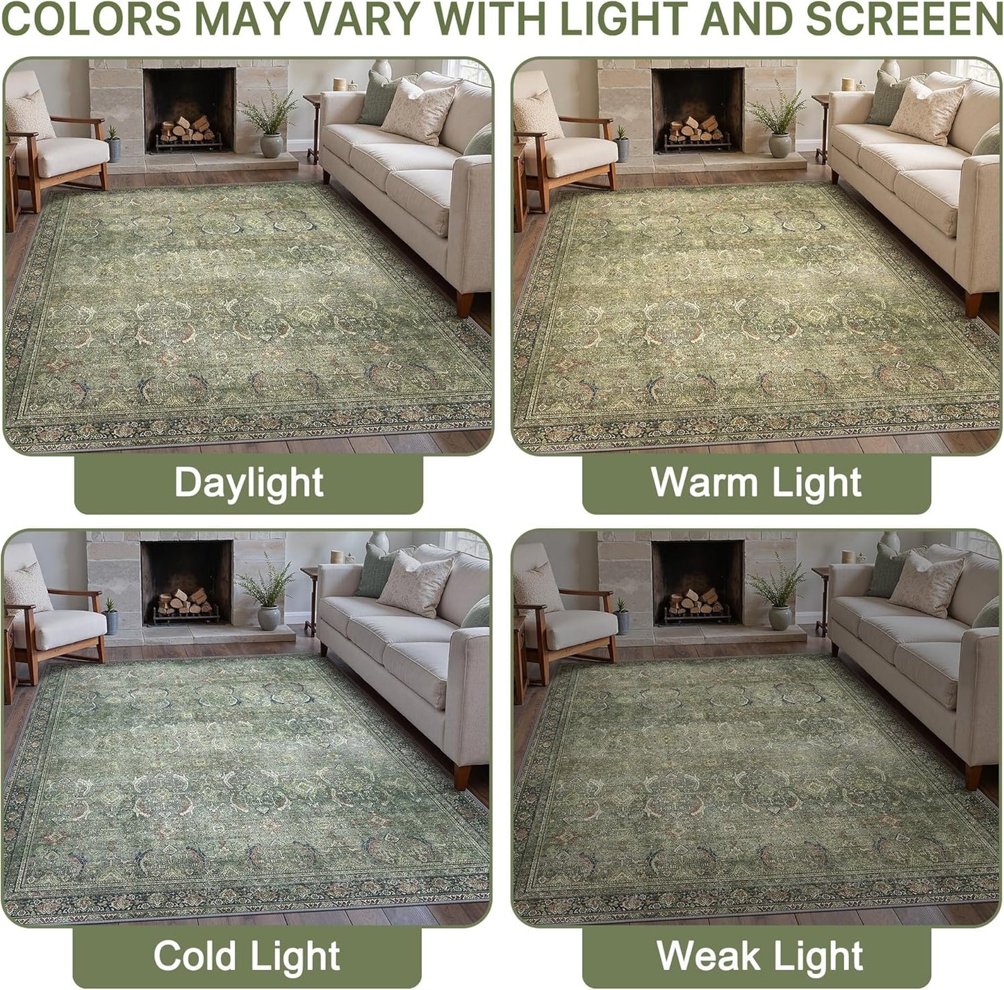 8X10 Area Rugs Machine Washable Rugs for Living Room, Vintage Boho Large Rugs for Bedroom Dining Room, Non Slip Indoor Soft Distressed Lightweight Thin Low Pile Carpet, Green