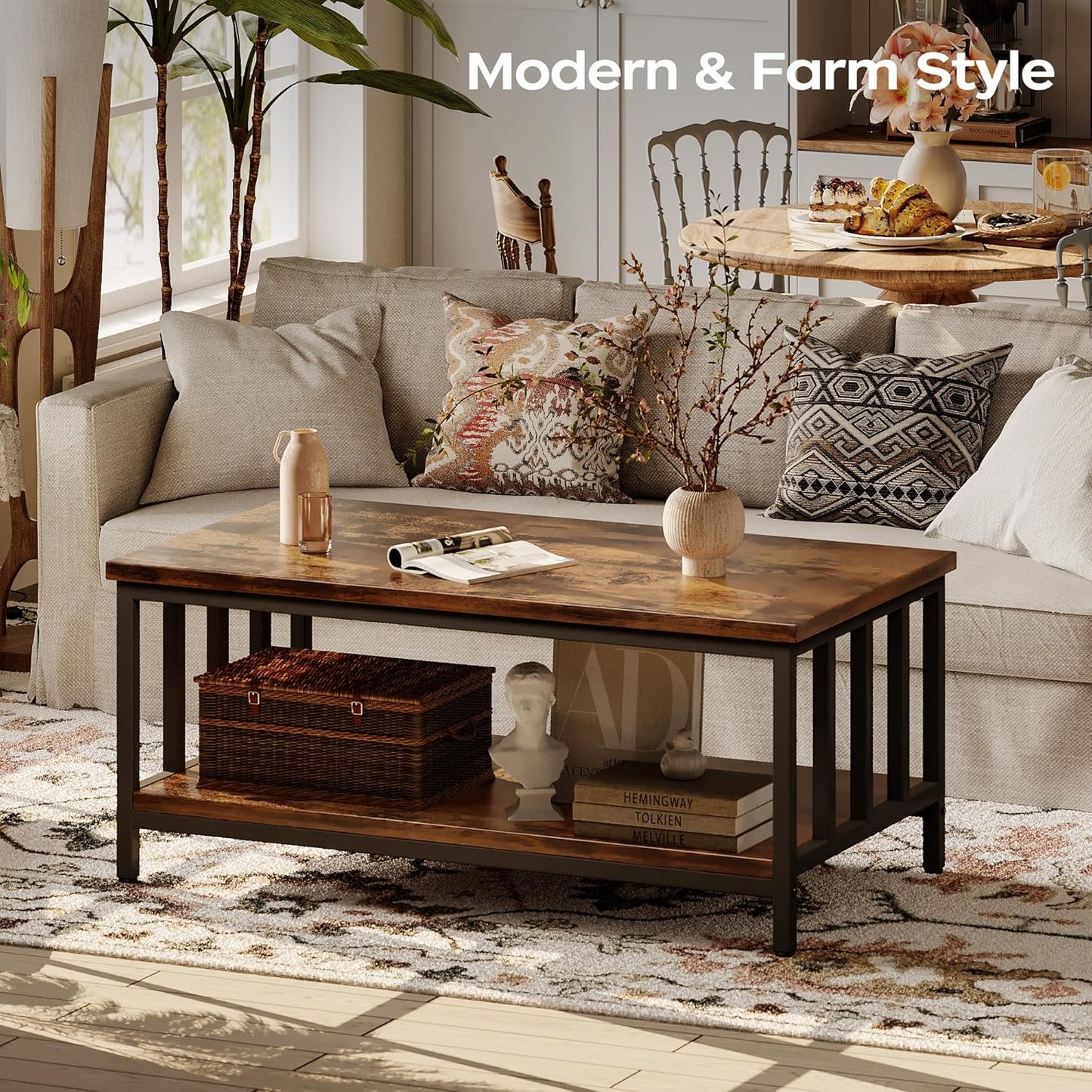 Homeiju Coffee Table for Living Room, Farmhouse Living Room Table with Slatted Sides Frame for Home Office, Apartment, 39 inch Rustic Black and Brown