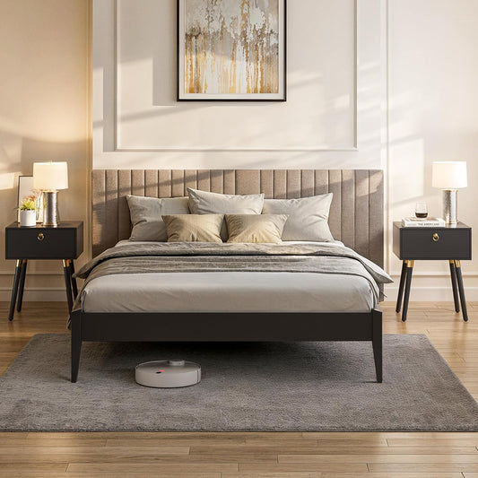 Bme Dinkee Queen Platform Bed Frame Wood 15 Inch - Solid Wood Bed Frame - Modern & Minimalist Style - 12 Strong Wood Slat Support - Easy Assembly - No Box Spring Needed - Black