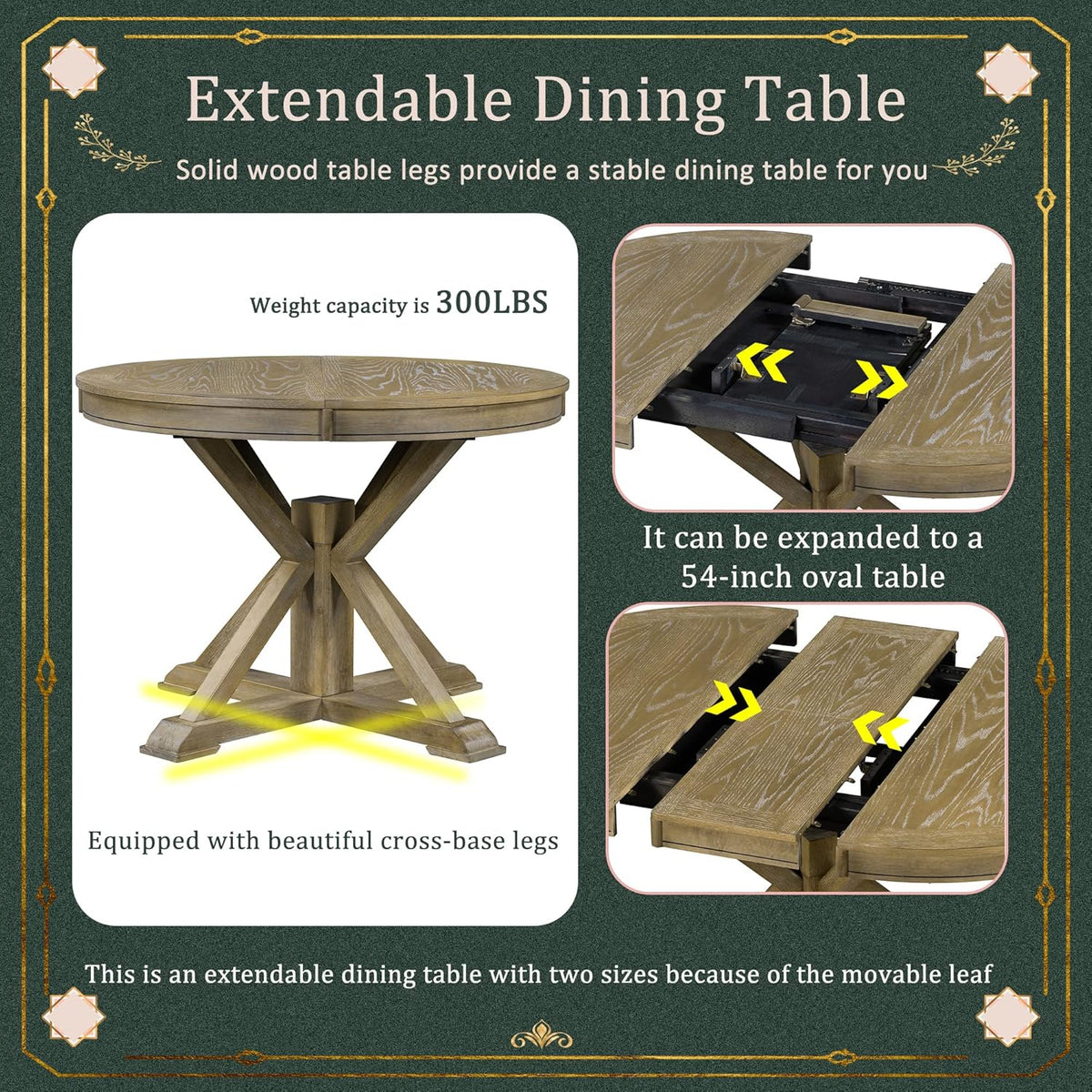 SogesPower 5-Piece Round Farmhouse Retro Dining Table Set for 4, Space-Saving Kitchen Table Set with Extendable Table and 4 Upholstered Chairs for Dining Room Living Room,Natural Wood