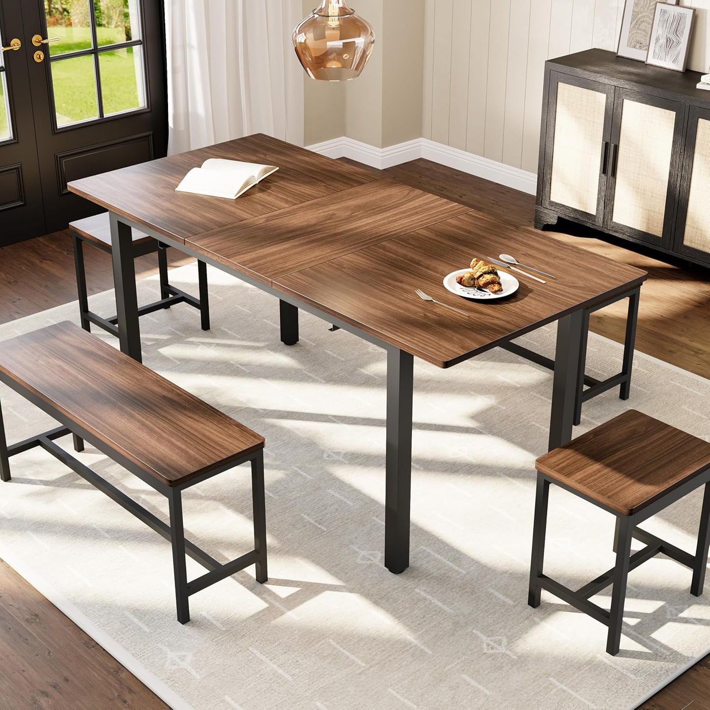 GarveeHome 5-Piece Dining Table Set for 4-8 People, 63" Large Extendable Kitchen Table Set with 2 Benches and 2 Square Stools, Modern Dining Room Furniture Sets, Easy Assembly, Espresso