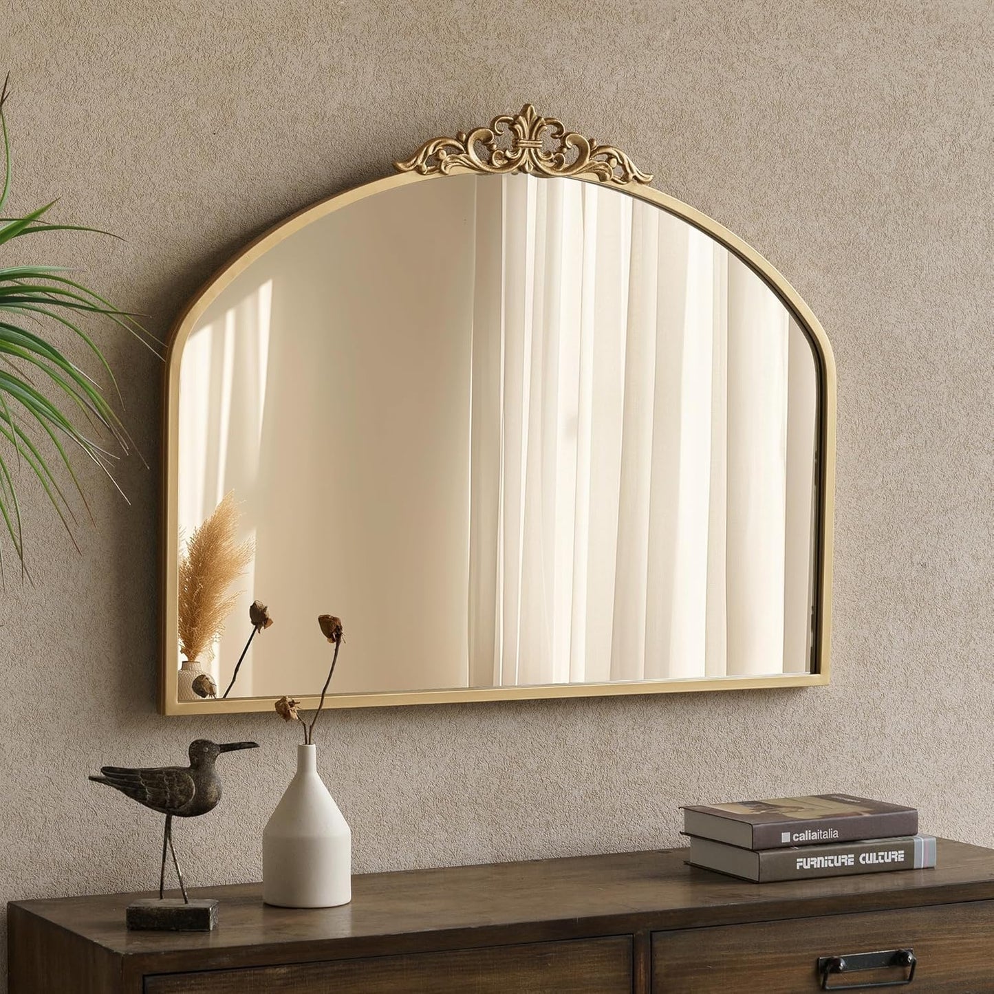 1 Set Vintage Mirror 36x29 Gold Antique Baroque Arched Ornate Traditional Brass Mirror and 8.5x12 Vintage Vanity Makeup Desk Table Mirror for Bathroom Entryway Living Room Hallway Fireplace