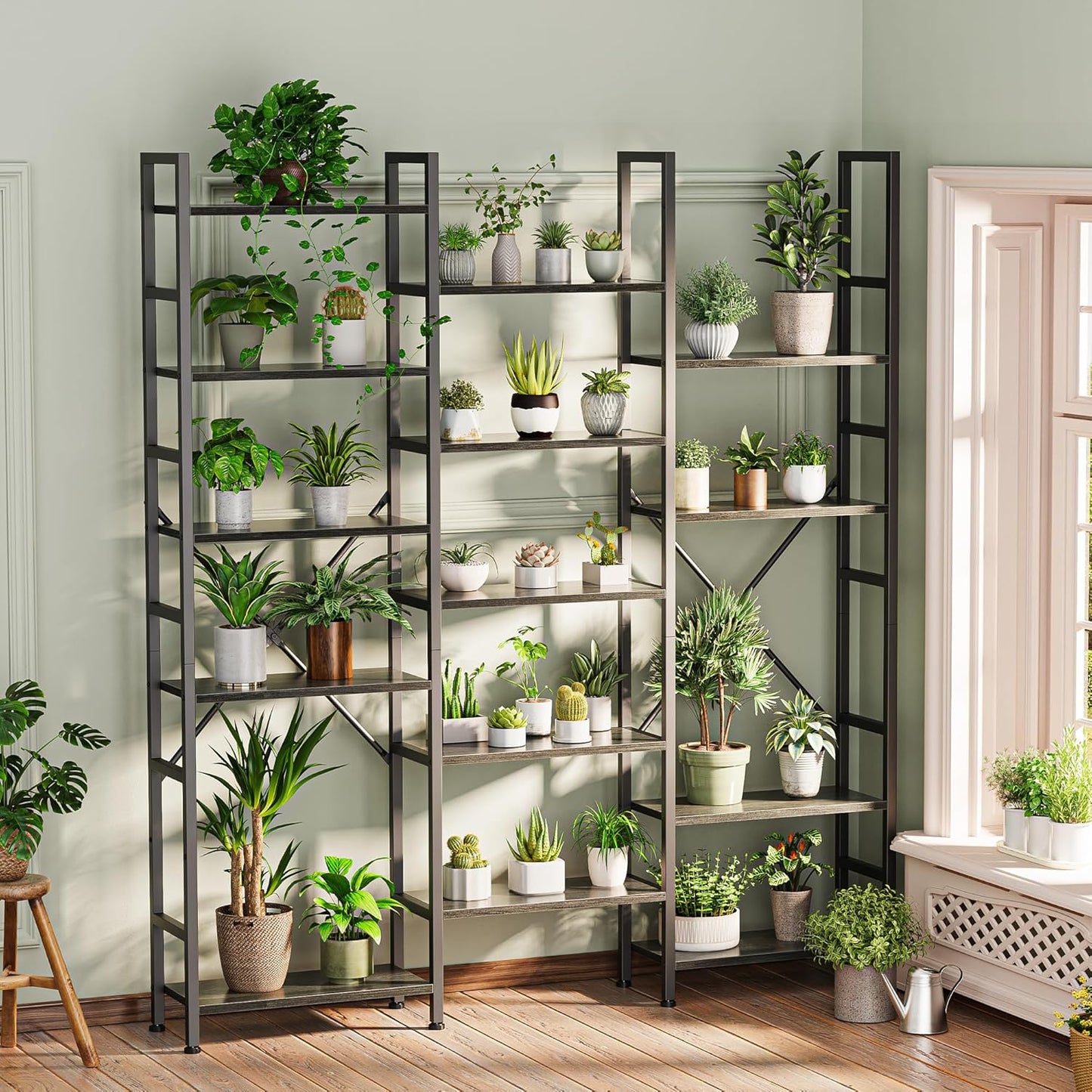 SUPERJARE Triple 6 Tier Bookshelf, Bookcase with 17 Open Display Shelves, Wide Book Shelf Book Case for Home & Office, Grey