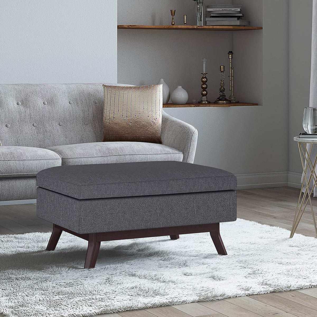 SIMPLIHOME Owen 34 inch Wide Mid Century Modern Rectangle Coffee Table Storage Ottoman in Slate Grey Linen Look Fabric, Assembled, For the Living Room, Entryway and Family Room