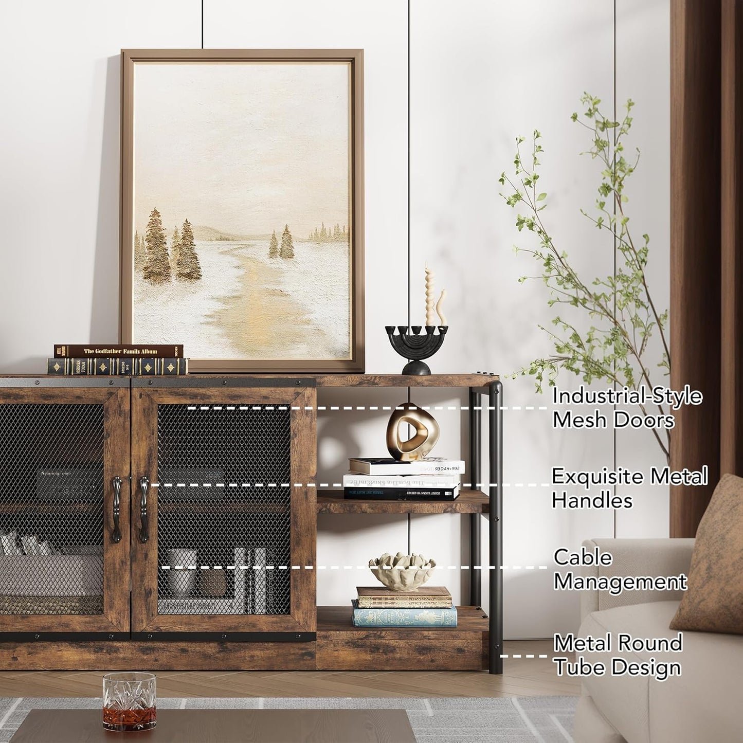GarveeHome Farmhouse TV Stand for 65/75 inch TV, Entertainment Center with Storage Cabinet, Industrial TV Console Cabinet with Mesh Doors, 63" Rustic TV Media Console Table for Living Room, Vintage