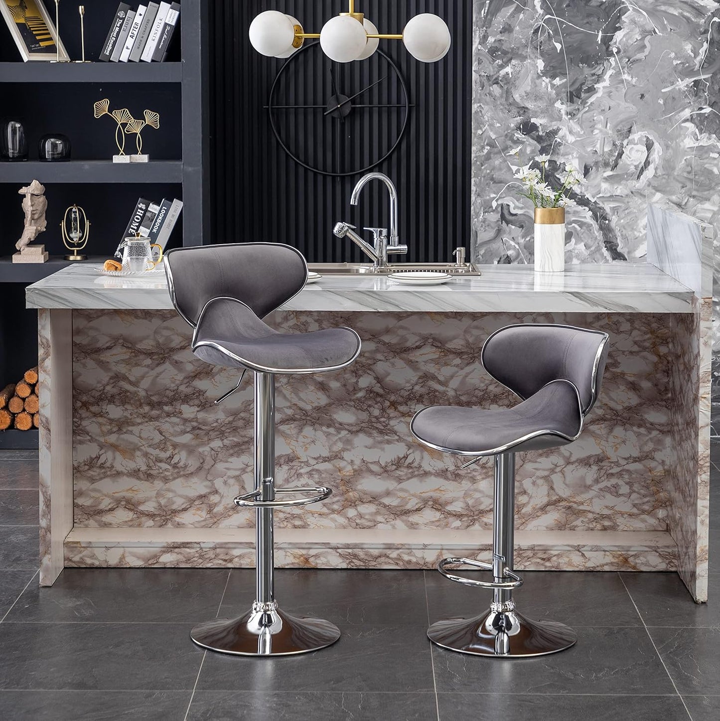 Roundhill Furniture Masaccio Velvet Upholstered Adjustable Swivel Barstool, Set of 2, Gray
