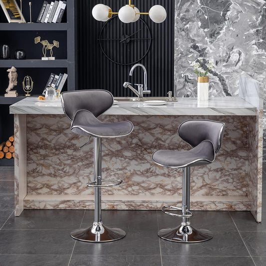 Roundhill Furniture Masaccio Velvet Upholstered Adjustable Swivel Barstool, Set of 2, Gray