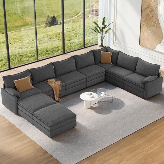 Vesgantti Large Modular Sectional Sofa, Big Comfy Cloud Couch with Ottoman Deep Seat Chenille Cloud Sofa, 9 Seater Large Sectional Couches for Living Room, Bedroom and Apartment, Gray