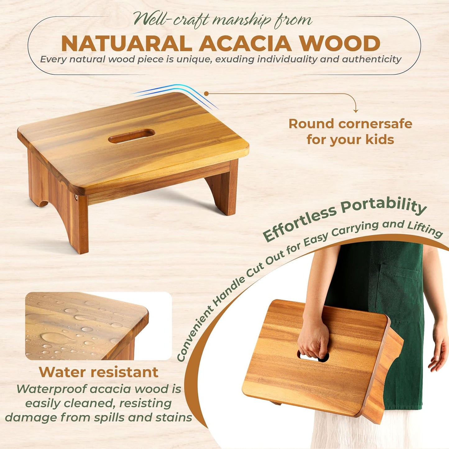 Wooden Step Stool, 6.5'' One Step Stool for Adults, Wooden Beside Step Support with 550 Lbs Load Capacity,Heavy Duty/Portable/Nonslip/Durable Construction Safe Step Platform for Bedroom/Kitchen