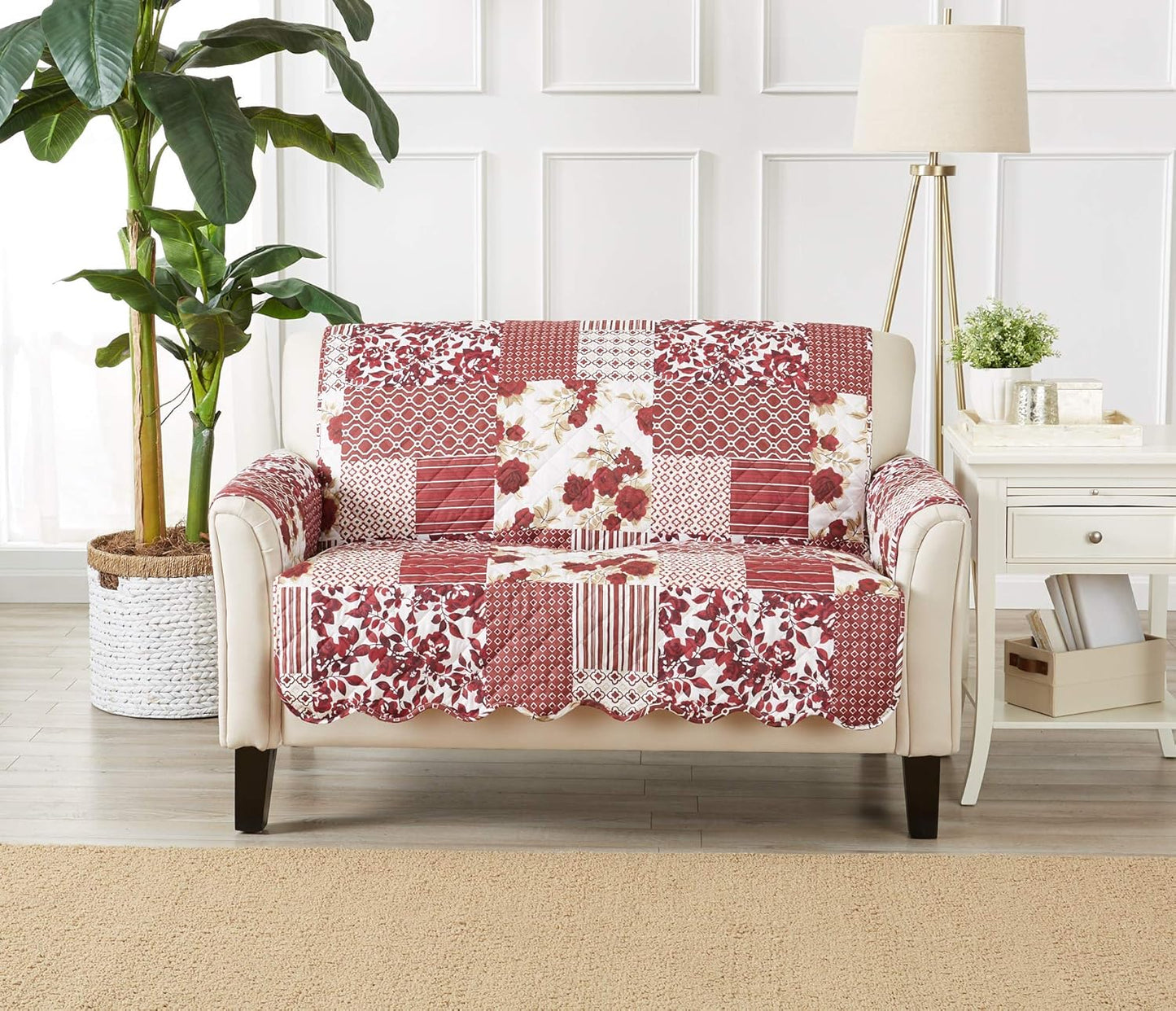 Great Bay Home Patchwork Scalloped Printed Furniture Protector Stain Resistant Loveseat Cover (Loveseat, Burgundy)