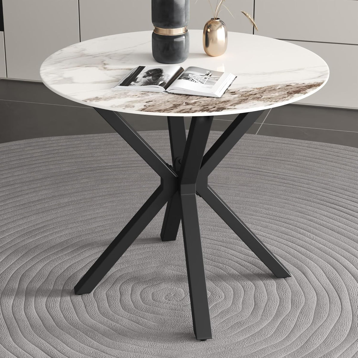 Round Faux Marble Dining Table Modern 32 Inch Kitchen Table with Black Metal Legs for Dining Room Kitchen