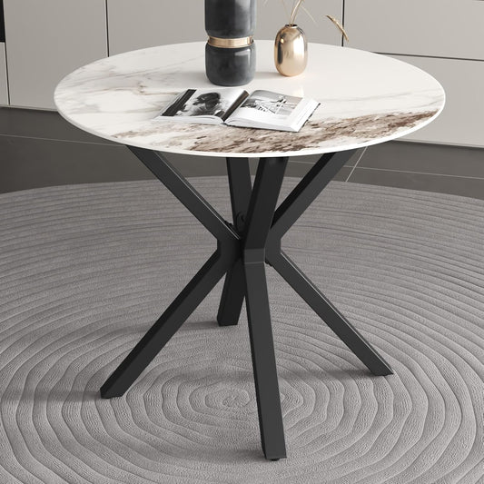 Round Faux Marble Dining Table Modern 32 Inch Kitchen Table with Black Metal Legs for Dining Room Kitchen