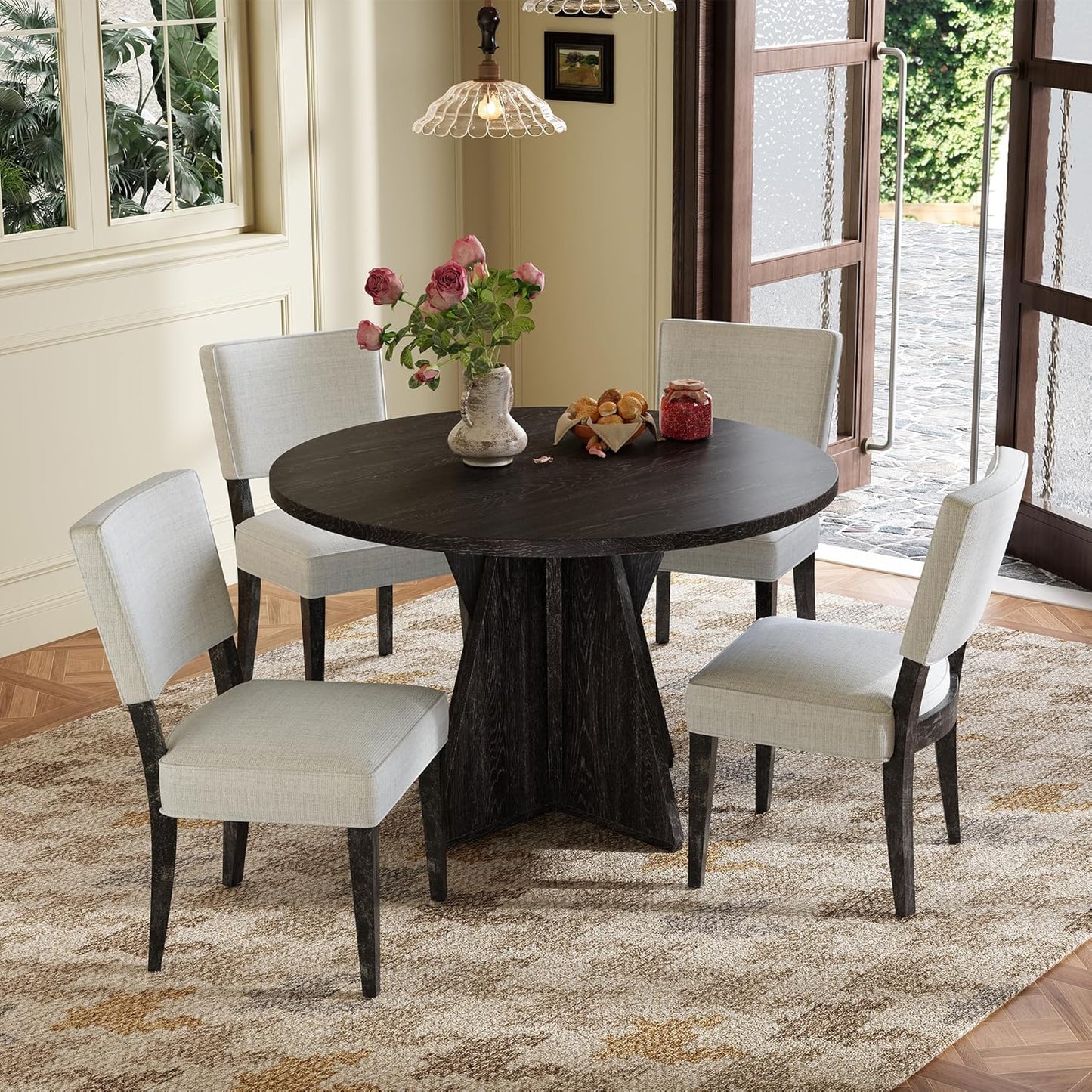 Ball & Cast Retro Dining Table Set for 4 with 4 Upholstered Chairs,5-Piece Wooden Living Room Furniture W/ 47" Round Dining Table and Designed Base,for Small Space,Apartment,Dining Room,Espresso