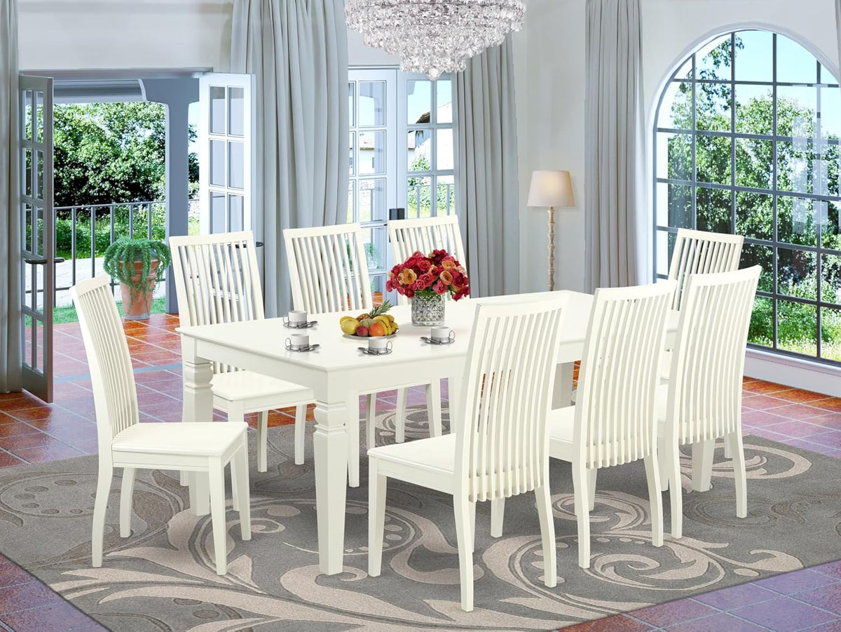 East West Furniture LGIP9-LWH-W 9 Piece Dining Table Set Includes a Rectangle Dining Room Table with Butterfly Leaf and 8 Wooden Seat Chairs, 42x84 Inch, Linen White