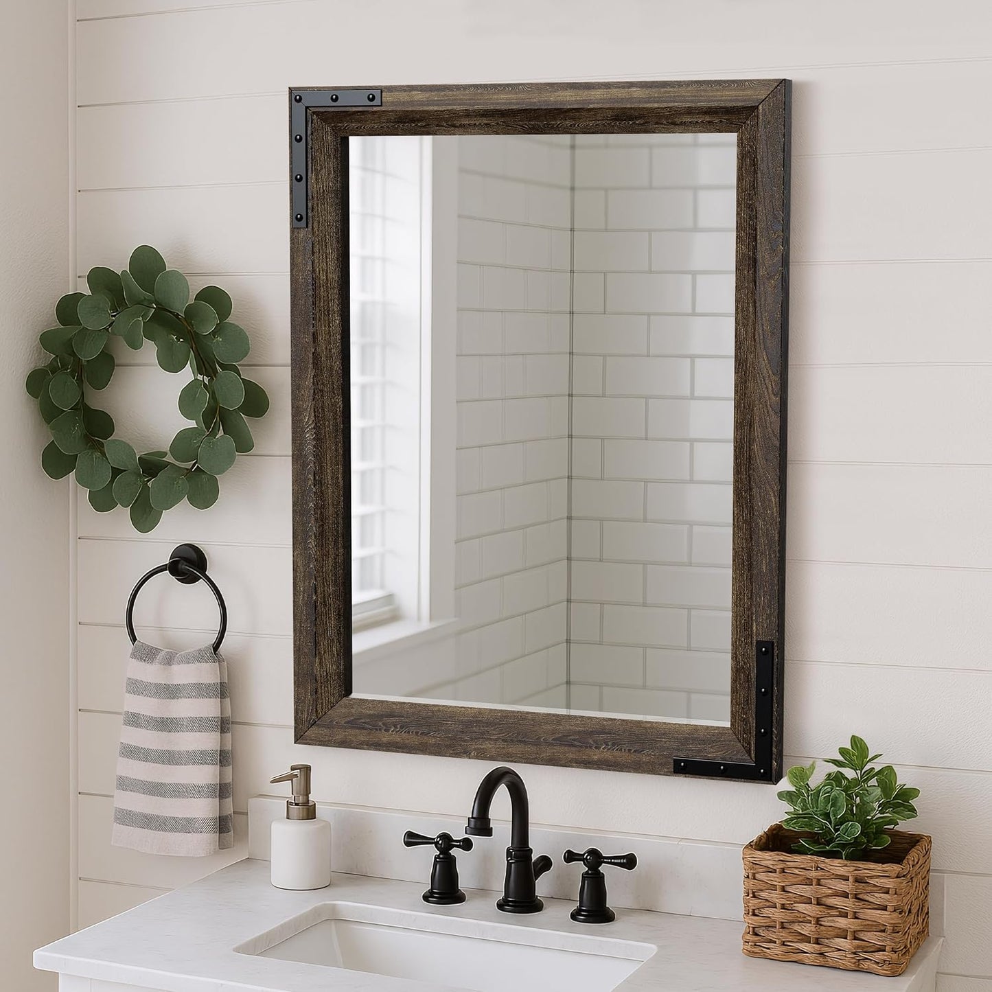 YOSHOOT Farmhouse Bathroom Mirror, Rustic Wooden Framed Mirror, Wood Vanity Mirror, Solid Wood & Handmade, Vertical or Horizontal Hanging for Bathroom Entryway Living Room Bedroom, 32" x 24", Brown