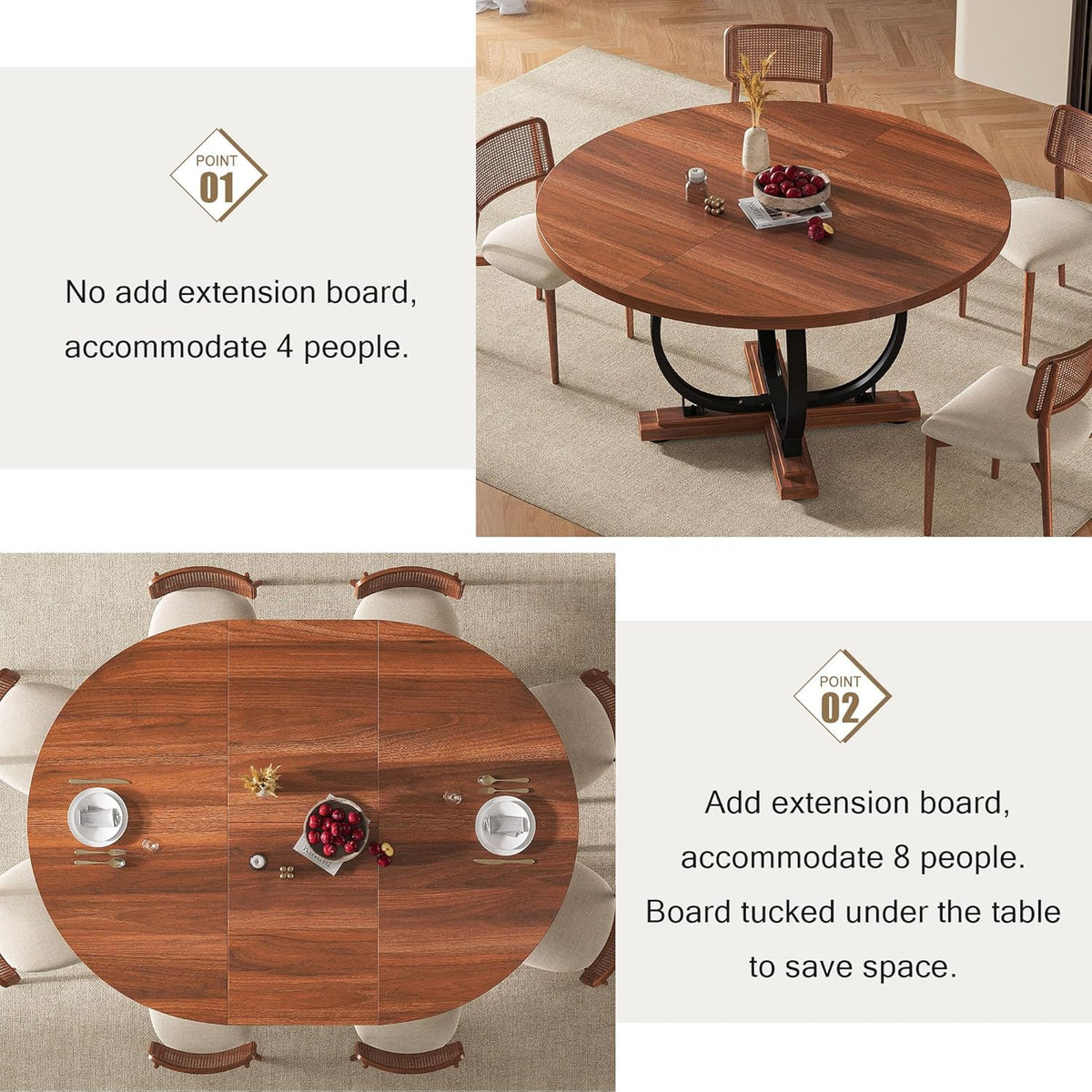 59" Round Extendable Dining Table for 4-6, Modern Oval Kitchen Table with Heavy Duty Curved Legs & Wood X-Based, MDF Board with Spring Buckle, Space Saving, Dining Kitchen Living Room, Walnut